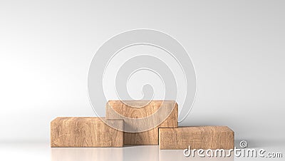 Blank space luxury brown wood box, block, square, cube podium in white marble background. Stock Photo