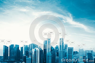 Blank space for text on city and bubble chat for communication. Stock Photo