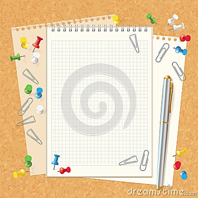 Blank spiral notebook on cork board Vector Illustration