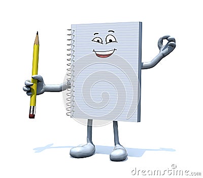 Blank spiral notepad with arms, legs and a pencil on hand Cartoon Illustration