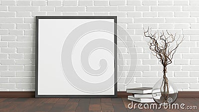 Blank square poster frame mock up standing on dark parquet floor next to white brick wall with vase and books. Clipping path aroun Cartoon Illustration