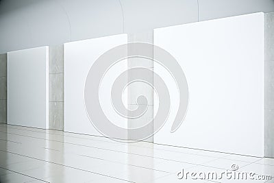 Blank square posters in empty hall, mock up Stock Photo