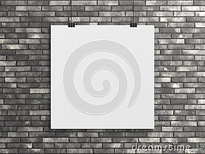 Blank squared poster hanging with clips on a brick wall Mockup. 3D rendering Stock Photo