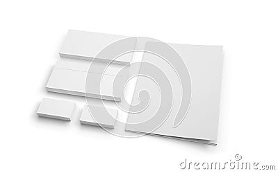 Blank stationery isolated on white. Envelopes, folder and business cards. Stock Photo