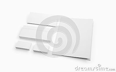 Blank stationery isolated on white. Envelopes, folder and business cards. Stock Photo