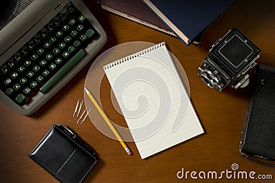 Blank steno notepad on a desk among vintage journalism props Stock Photo