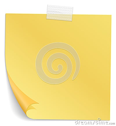 Blank sticky note with curled corner and adhesive tape scrap Vector Illustration