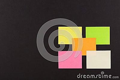 Blank Sticky Note overlapping on black background , five paper sheet background. Stock Photo