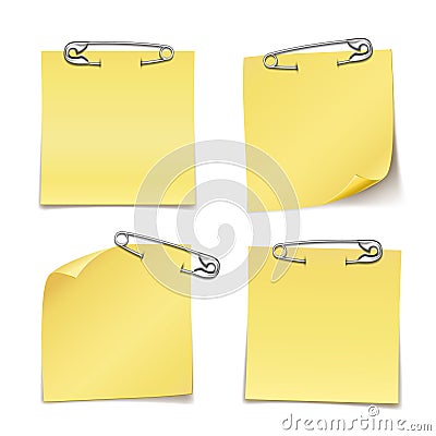 Blank Sticky Notes with Safety Pin on White Vector Illustration
