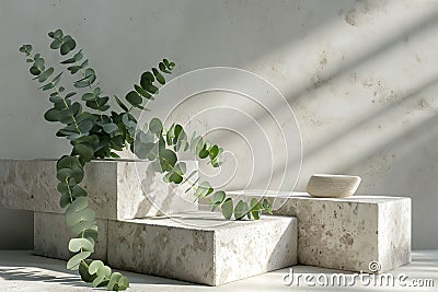 Blank Stone Slab Podium for Product Display with Eucalyptus Leaves Stock Photo