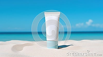 Blank sunscreen cream on the beach. Illustration AI Generative Stock Photo