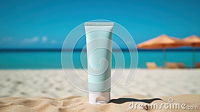 Blank sunscreen cream on the beach. Illustration AI Generative Stock Photo