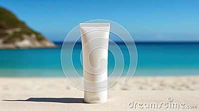 Blank sunscreen cream on the beach. Illustration AI Generative Stock Photo