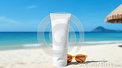 Blank sunscreen cream on the beach. Illustration AI Generative Stock Photo