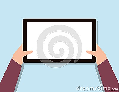 Blank tablet hand toches screen, flat design isolated on blue background Vector illustration Vector Illustration