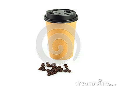 Blank take away kraft coffee cup with coffee bean isolated. Stock Photo