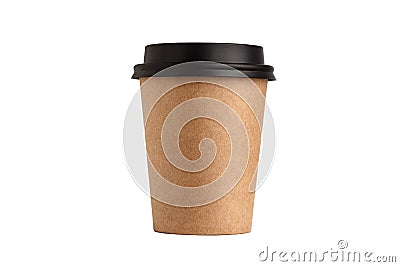 Blank take away kraft coffee cup on white background. Stock Photo