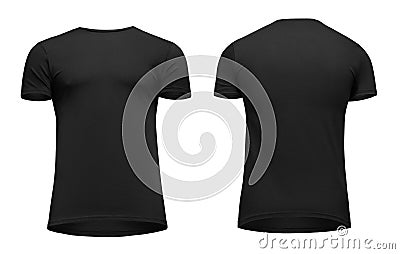 Blank template men black t shirt short sleeve, front and back view bottom-up, isolated on white background with clipping path. Stock Photo