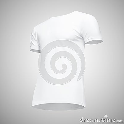 Blank template men white t shirt short sleeve, front view half turn bottom-up, on gray background. Mockup concept tshirt Stock Photo