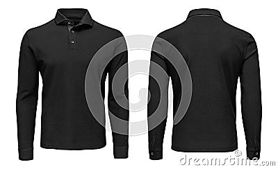 Blank template mens black polo shirt long sleeve, front and back view, white background. Design sweatshirt mockup for print. Stock Photo