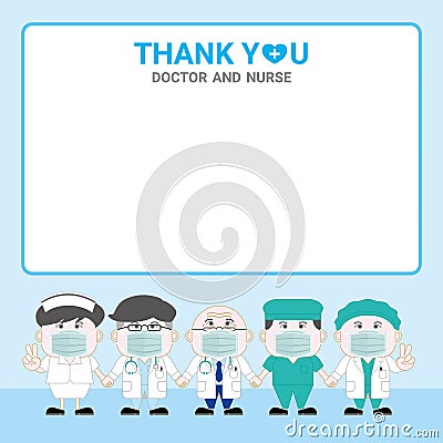 Blank text box. Asian professor senior doctor man doctor woman nurse surgical doctor Vector Illustration