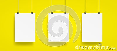 Blank Three hanging poster with clip and wire mockup vector on y Vector Illustration