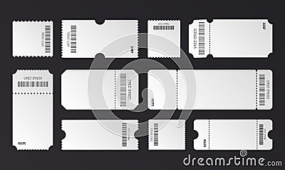 Blank ticket set. Empty realistic coupons for festival concert theater raffle, tickets with barcode. White paper cinema ticket Vector Illustration