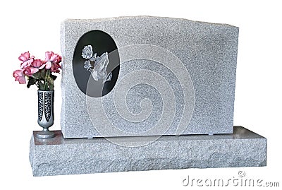 Blank Tombstone Grave Marker Isolated With Flowers Stock Photo