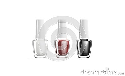 Blank transparent bottle with black, white, red nail polish mockup Stock Photo