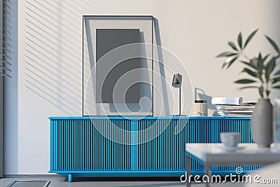 Blank transparent photo frame with blank poster on blue cupboard, 3d rendering. Stock Photo