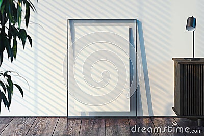 Blank transparent photo frame with blank poster on wooden floor next to light walls, 3d rendering. Stock Photo