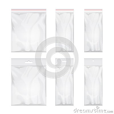 Blank transparent plastic bag template. Set of White packaging with hang slot. Mockup Vector illustration Vector Illustration