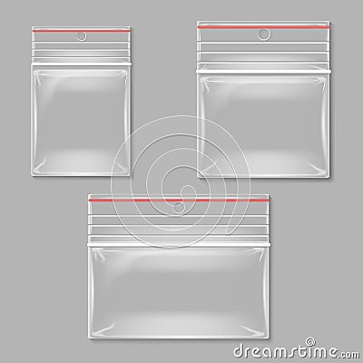 Blank transparent plastic zipper bag vector set Vector Illustration