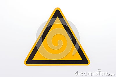 Blank triangle hazard, attention, warning, danger sign. Empty triangular sticker in yellow and black colors Stock Photo