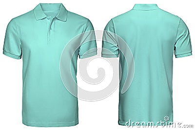 Blank turquoise polo shirt, front and back view, isolated white background. Design polo shirt, template and mockup for print. Stock Photo