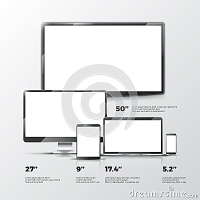 Blank TV screen, lcd monitor, notebook, tablet computer, smartphone mockups isolated on white background Vector Illustration