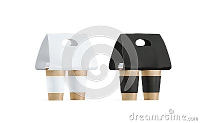 Blank two craft coffee cups black white carrier holder mockup Stock Photo