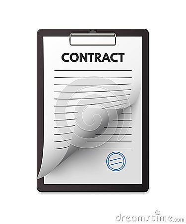 Blank vector contract with seal on clipboard. Deal agreement, treaty signing. Official business paper document Vector Illustration