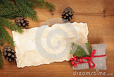 blank, vintage rural gift and Christmas tree branch Stock Photo