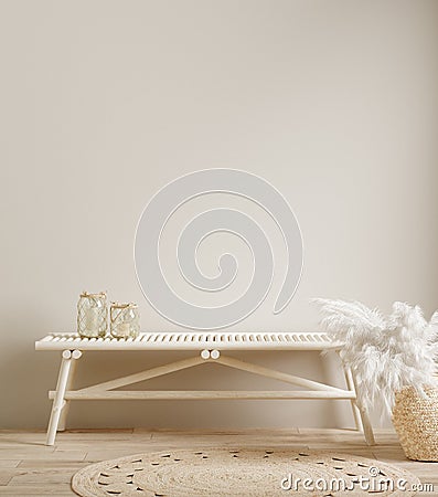 Blank wall in interior with wooden bench and pampas grass in wicker handbag Stock Photo