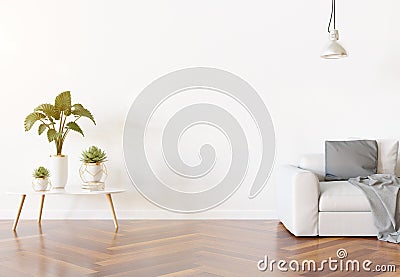 Blank wall in living room mockup with sofa and decorations 3D rendering Stock Photo