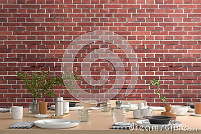 Blank wall mock up in the dinning room with served table Stock Photo