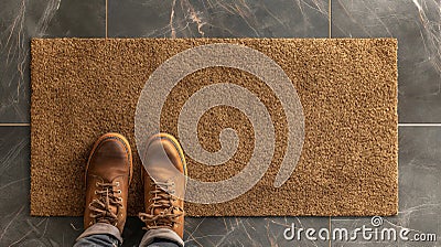 Boots standing on a blank Welcome Mat - GenerativeAI Stock Photo