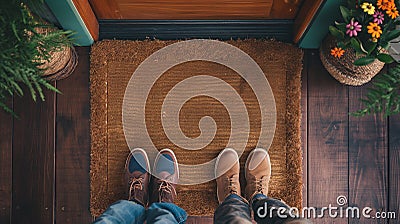 Two Pair of Feet on a Blank Welcome Mat At Front Door of House. Generative AI Stock Photo