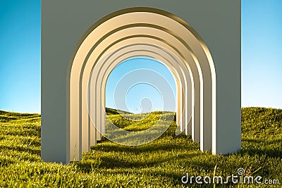 Blank White Arch on Green Grass at Heaven Meadow. Copy Space. Empty Space. 3d rendering. Stock Photo