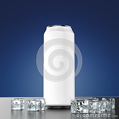 blank white beer can mock-up with ice cubes ctanding on the polished carbon fiber floor 3d render Stock Photo