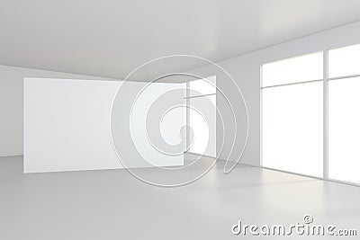 Blank white billboard in empty room with big windows, mock up, 3D Rendering Stock Photo