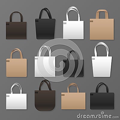 Blank white, black and brown canvas shopping bag templates. Vector handbags mockup Vector Illustration