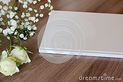 Blank white book, journal, wedding guestbook, notebook mockup. Stock Photo