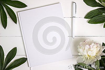 Blank white book, journal, wedding guestbook, notebook mockup. Stock Photo
